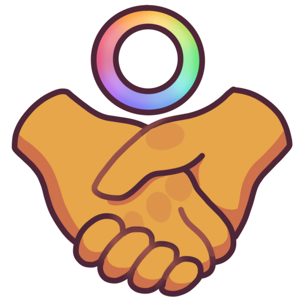 two clasped hands with a rainbow disk above them.